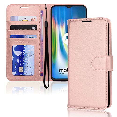 TECHGEAR Leder Hülle Moto G9 Play PU Leder Flip Case Schutzhülle Ledertasche [Brieftasche] Handyhülle mit Ständer und Handschlaufe Beutel kompatibel mit Motorola Moto G9 Play - Rose Gold von TECHGEAR