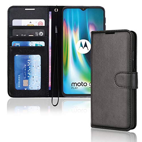 TECHGEAR Leder Hülle Moto G9 Play - PU Leder Flip Case Schutzhülle Ledertasche [Brieftasche] Handyhülle mit Ständer und Handschlaufe Beutel kompatibel mit Motorola Moto G9 Play - Schwarz von TECHGEAR
