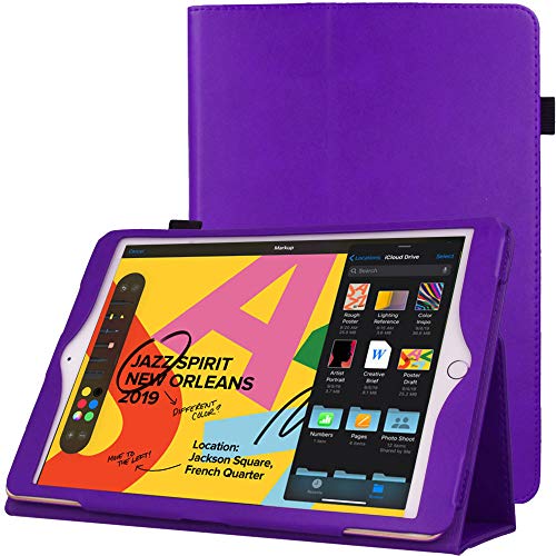 TECHGEAR Leder hülle für iPad 10.2 2021/2020/2019 [9. 8. 7. Generation] PU-Leder Schlank Folio Schutzhülle mit Ständer und Handschlaufe [Auto Schlaf Wach] iPad 10,2 hülle mit stifthalter [Lila] von TECHGEAR