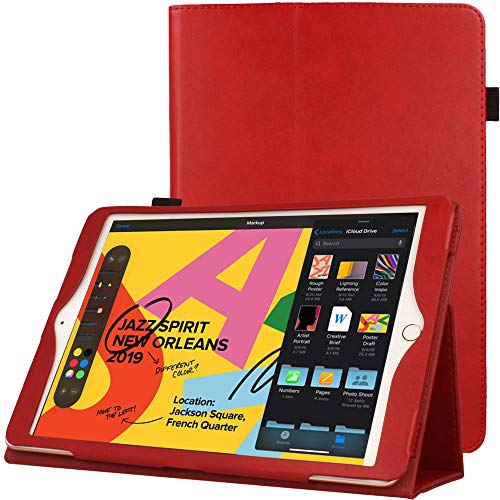 TECHGEAR Leder hülle für iPad 10.2 2021/2020/2019 [9. 8. 7. Generation] PU-Leder Schlank Folio Schutzhülle mit Ständer und Handschlaufe [Auto Schlaf Wach] iPad 10,2 hülle mit stifthalter [Rot] von TECHGEAR