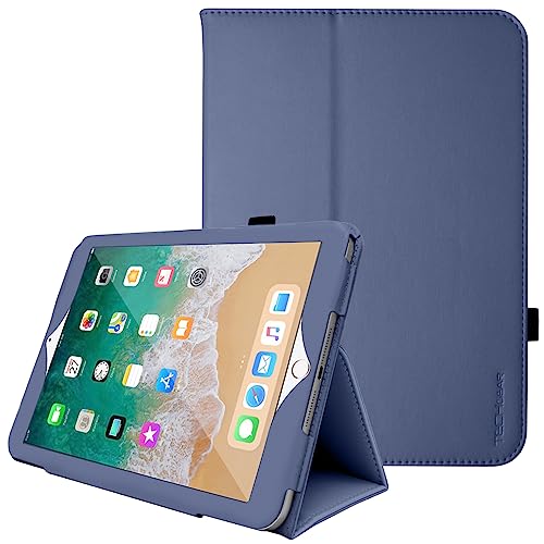 TECHGEAR Leder hülle iPad Air 5. / 6. Generation und iPad 9.7 Zoll 2018/2017 Schlank Folio Schutzhülle mit Ständer und Handschlaufe [PU-Leder] [Auto Schlaf Wach] hülle mit stifthalter [Navy blau] von TECHGEAR