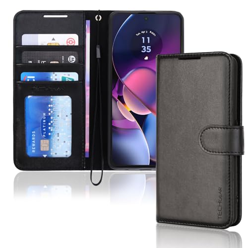 TECHGEAR Moto G54 5G Leder Wallet Case Flip Schutzhülle mit Brieftasche Kartenhalter Ständer & Handschlaufe Schwarz PU Leder mit Magnetverschluss Entworfen für Motorola Moto G54 5G von TECHGEAR