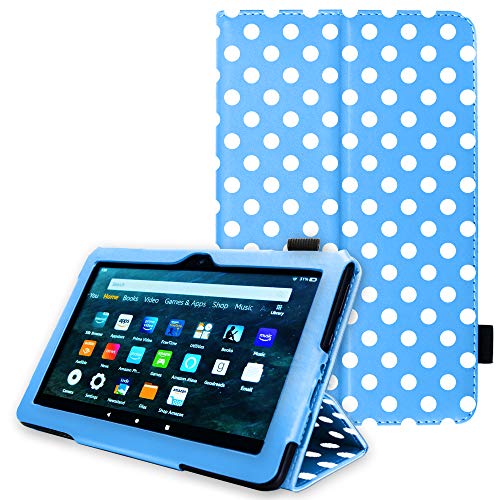 TECHGEAR Neue Amazon Fire HD 8, HD 8 Plus, Kinder, 2024/2022/2020 14. 12. 10. Generation Hülle - PU Leder Slim Hülle mit Ständer und Handschlaufe Schutzhülle Tasche - Blau Tupfen von TECHGEAR