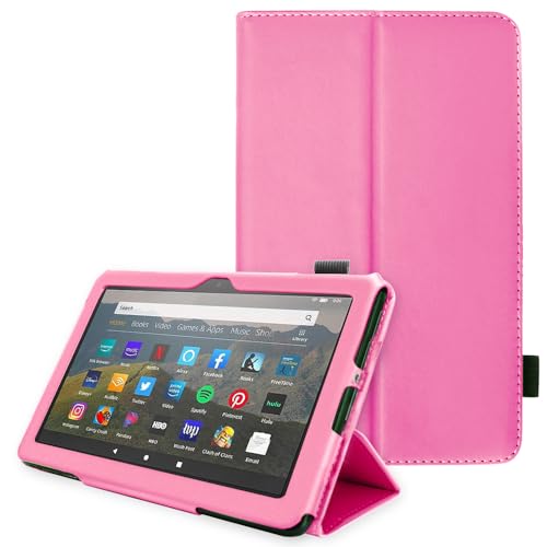 TECHGEAR Neue Amazon Fire HD 8, HD 8 Plus, Kinder, 2024/2022/2020 14. 12. 10. Generation Hülle - PU Leder Slim Hülle mit Ständer und Handschlaufe Schutzhülle Tasche - Rosa von TECHGEAR