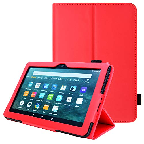TECHGEAR Neue Amazon Fire HD 8, HD 8 Plus, Kinder, 2024/2022/2020 14. 12. 10. Generation Hülle - PU Leder Slim Hülle mit Ständer und Handschlaufe Schutzhülle Tasche - Rot von TECHGEAR