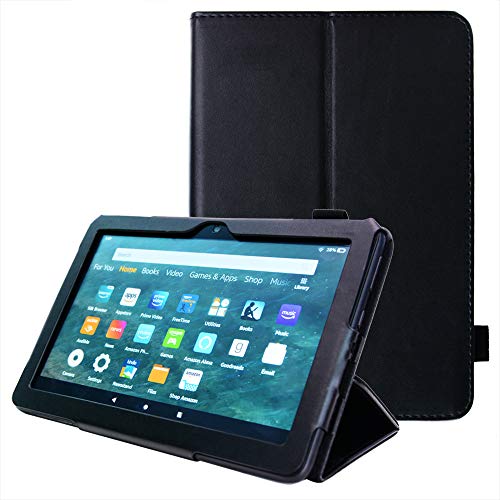 TECHGEAR Neue Amazon Fire HD 8, HD 8 Plus, Kinder, 2024/2022/2020 14. 12. 10. Generation Hülle - PU Leder Slim Hülle mit Ständer und Handschlaufe Schutzhülle Tasche - Schwarz von TECHGEAR