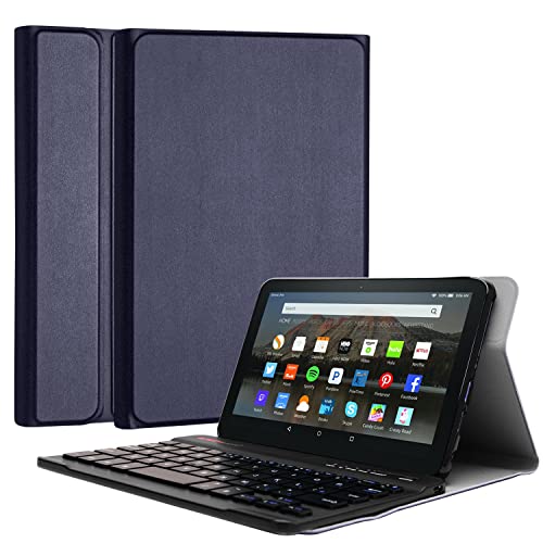 TECHGEAR QWERTY Strike Folio Hülle für Amazon Fire HD 8 Zoll 14. / 12. Generation, 2024/2022 - PU-Lederhülle mit Abnehmbarer Bluetooth-Tastatur und Ständer, Amazon Fire HD 8 Tastaturhülle (Denimblau) von TECHGEAR