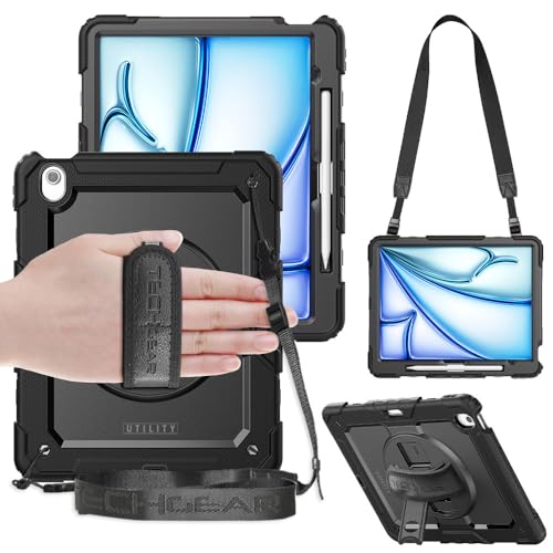 TECHGEAR UTILITY Schutzhülle für Apple iPad Air 33 cm (13 Zoll) M3/M2 (2025/2024), robust, stoßfest, stoßfest, mit 360° drehbarem Ständer, Handschlaufe und Schultergurt, Schwarz von TECHGEAR