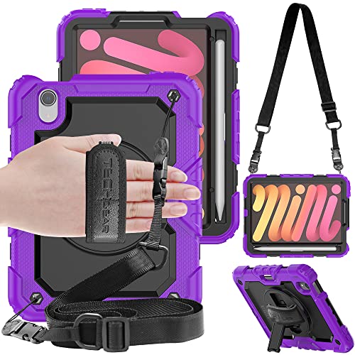 TECHGEAR Utility Hülle für iPad Mini 6 2021 6. Generation (8.3 Zoll) Robust Heavy Duty Stoßfeste Schutzhülle mit 360 Grad Schwenk ständer, Hand Schultergurt - Eingebaut Bildschirm - Lila von TECHGEAR