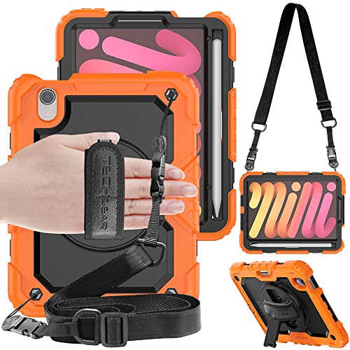 TECHGEAR Utility Hülle für iPad Mini 6 2021 6. Generation (8.3 Zoll) Robust Heavy Duty Stoßfeste Schutzhülle mit 360 Grad Schwenk ständer, Hand Schultergurt - Eingebaut Bildschirm - Orange von TECHGEAR