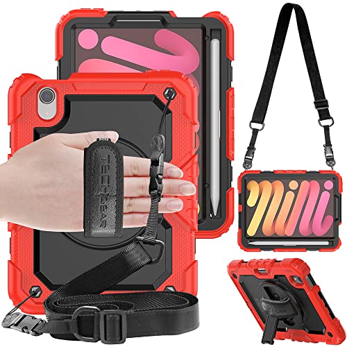 TECHGEAR Utility Hülle für iPad Mini 6 2021 6. Generation (8.3 Zoll) Robust Heavy Duty Stoßfeste Schutzhülle mit 360 Grad Schwenk ständer, Hand Schultergurt - Eingebaut Bildschirm - Rot von TECHGEAR