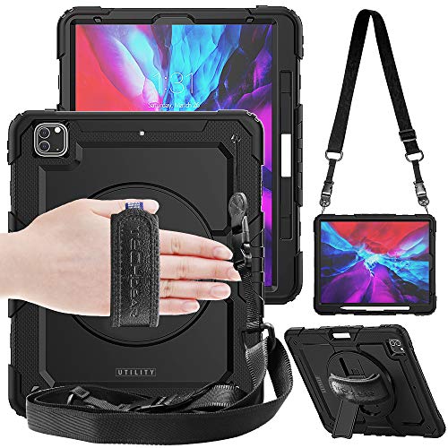 TECHGEAR Utility Hülle für iPad Pro 12.9 2022/2021 / 2020 (6. 5. 4. Generation) Robust Heavy Duty Stoßfeste Schutzhülle mit 360 Grad Schwenkständer, Hand Schultergurt - Eingebaut Bildschirm Schwarz von TECHGEAR