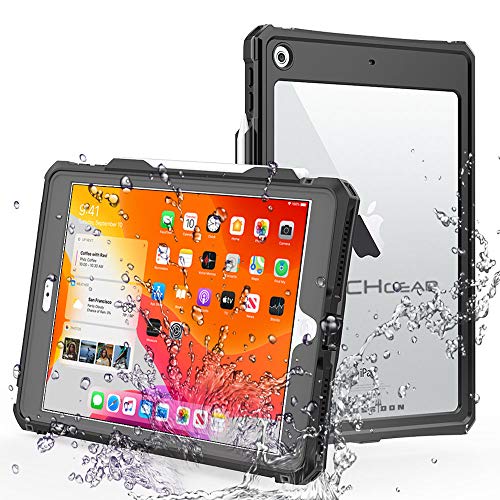 TECHGEAR Wasserdichte Hülle für iPad 10.2 2021/2020/2019 [9. 8. 7. Generation] {Poseidon Case} Schlanke Robuste Rüstung Stoßfest, waterproof, mit eingebauter Displayschutzfolie + Ständer & Umhängeband von TECHGEAR