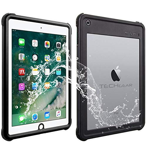 TECHGEAR Wasserdichte Hülle für iPad 9,7 2018 / 2017 [6. 5. Generation] {Poseidon Case} Schlanke Robuste Rüstung Stoßfest, Wasserdicht Hülle mit eingebauter Displayschutzfolie + Ständer & Umhängeband von TECHGEAR