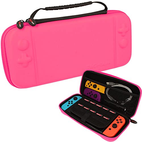 TECHGEAR hülle HRD03, Switch OLED Tasche - Reise und Aufbewahrungs Tasche Kompatibel mit Nintendo Switch OLED, 10 Steckplätze für Spiel Karten + Zubehör, Harte Schutzhülle für Switch OLED [ROSA] von TECHGEAR