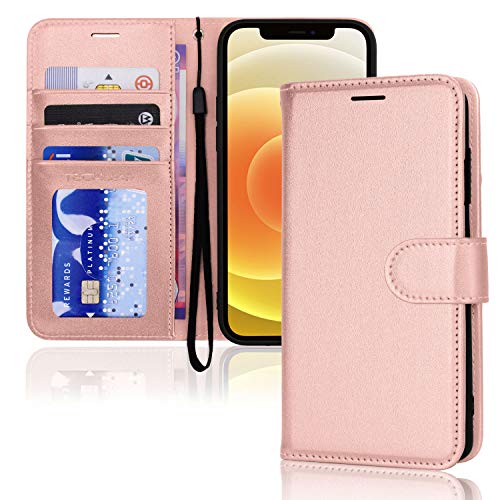 TECHGEAR hülle iPhone 12, iPhone 12 Pro Leder - PU Leder Flip hülle Schutzhülle Ledertasche [Brieftasche] Handyhülle mit Ständer und Handschlaufe - Rose Gold hülle Kompatible mit iPhone 12/12 Pro von TECHGEAR