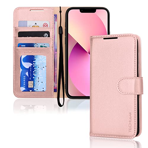 TECHGEAR hülle iPhone 13 Leder - PU Leder Flip hülle Schutzhülle Ledertasche [Brieftasche] Handyhülle mit Ständer und Handschlaufe - Rosa hülle Kompatible mit iPhone 13 von TECHGEAR