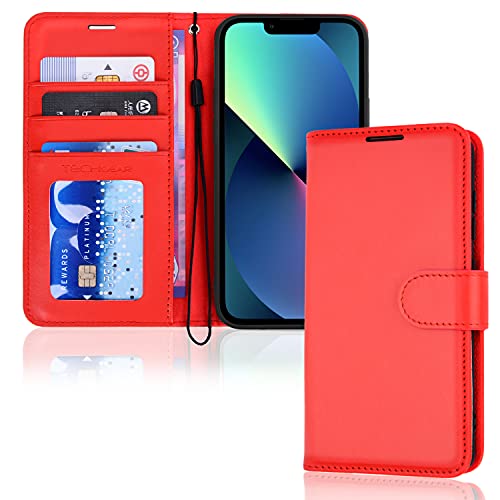 TECHGEAR hülle iPhone 13 Mini Leder - PU Leder Flip hülle Schutzhülle Ledertasche [Brieftasche] Handyhülle mit Ständer und Handschlaufe - Rot hülle Kompatible mit iPhone 13 Mini von TECHGEAR