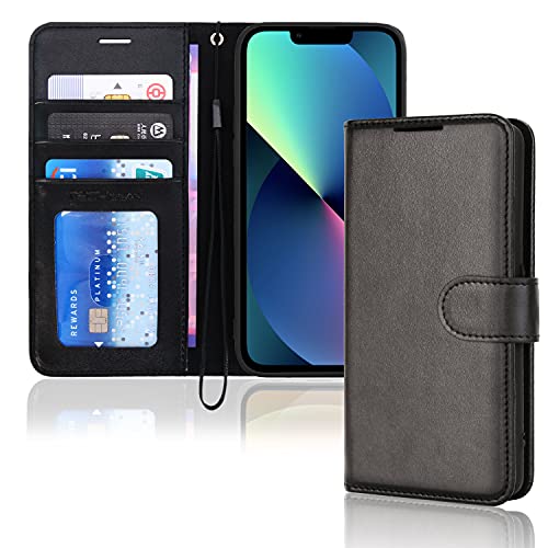 TECHGEAR hülle iPhone 13 Mini Leder - PU Leder Flip hülle Schutzhülle Ledertasche [Brieftasche] Handyhülle mit Ständer und Handschlaufe - Schwarz hülle Kompatible mit iPhone 13 Mini von TECHGEAR