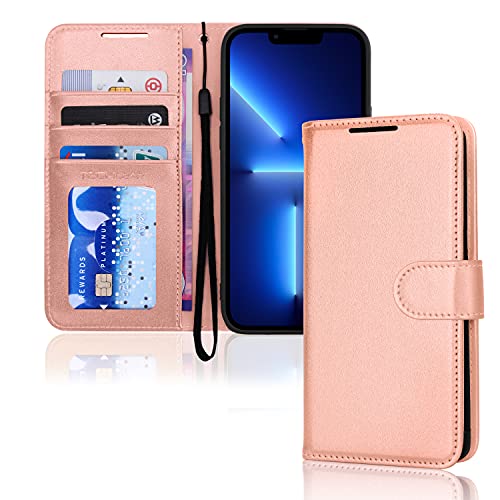 TECHGEAR hülle iPhone 13 Pro Max Leder - PU Leder Flip hülle Schutzhülle Ledertasche [Brieftasche] Handyhülle mit Ständer und Handschlaufe - Rose Gold hülle Kompatible mit iPhone 13 Pro Max von TECHGEAR