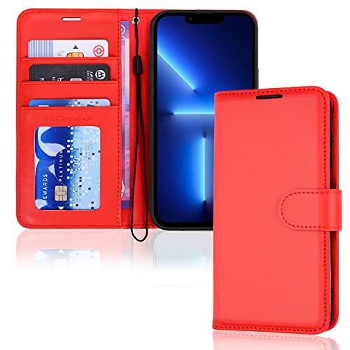 TECHGEAR hülle iPhone 13 Pro Max Leder - PU Leder Flip hülle Schutzhülle Ledertasche [Brieftasche] Handyhülle mit Ständer und Handschlaufe - Rot hülle Kompatible mit iPhone 13 Pro Max von TECHGEAR