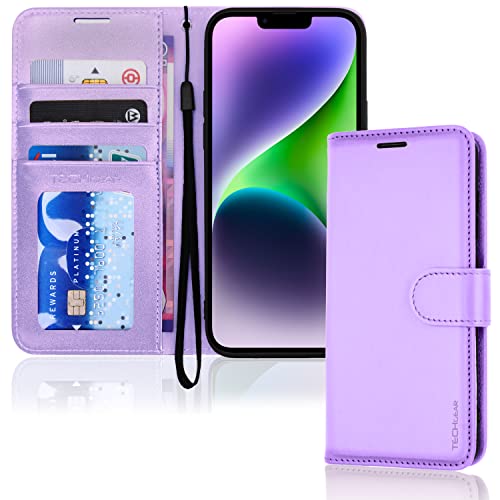 TECHGEAR hülle iPhone 14 Leder klappbar, PU Leder Flip hülle Schutzhülle Ledertasche [Brieftasche] Handyhülle mit Ständer und Handschlaufe - Lavendel hülle Kompatible mit iPhone 14 (6,1") von TECHGEAR