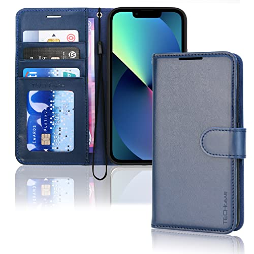 TECHGEAR hülle iPhone 14 Plus Leder klappbar, PU Leder Flip hülle Schutzhülle Ledertasche [Brieftasche] Handyhülle mit Ständer und Handschlaufe - Blau hülle Kompatible mit iPhone 14 Plus (6,7") von TECHGEAR