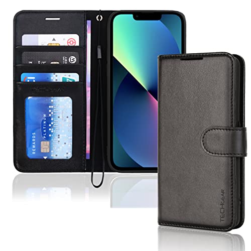 TECHGEAR hülle iPhone 14 Plus Leder klappbar, PU Leder Flip hülle Schutzhülle Ledertasche [Brieftasche] Handyhülle mit Ständer und Handschlaufe - Schwarz hülle Kompatible mit iPhone 14 Plus (6,7") von TECHGEAR