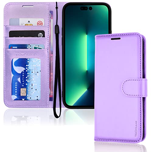 TECHGEAR hülle iPhone 14 Pro Max Leder klappbar, PU Leder Flip hülle Ledertasche [Brieftasche] Handyhülle mit Ständer und Handschlaufe - Lavendel hülle Kompatible mit iPhone 14 Pro Max (6,7") von TECHGEAR