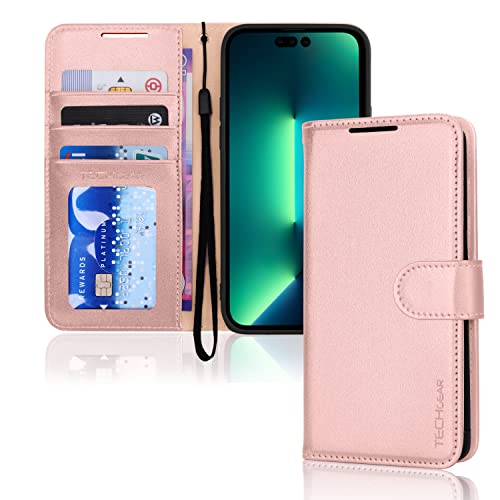 TECHGEAR hülle iPhone 14 Pro Max Leder klappbar, PU Leder Flip hülle Schutzhülle Ledertasche [Brieftasche] Handyhülle mit Ständer und Handschlaufe - Rosa hülle Kompatible mit iPhone 14 Pro Max (6,7") von TECHGEAR