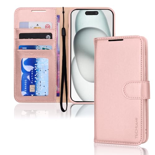 TECHGEAR hülle iPhone 15 Leder klappbar, PU Leder Flip Schutzhülle Ledertasche [Brieftasche] Handyhülle mit Ständer und Handschlaufe - Rosa Kompatible mit iPhone 15 von TECHGEAR
