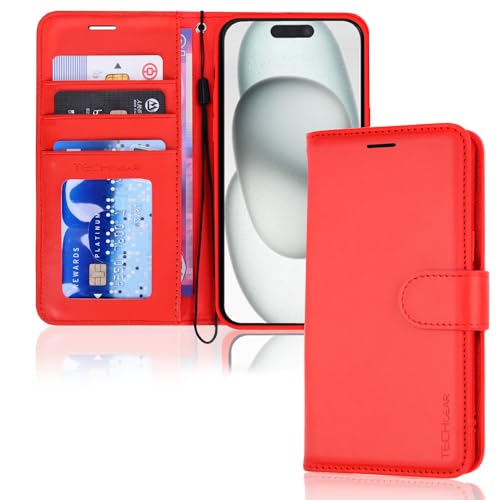 TECHGEAR hülle iPhone 15 Plus Leder klappbar, PU Leder Flip Schutzhülle Ledertasche [Brieftasche] Handyhülle mit Ständer und Handschlaufe - Rot Kompatible mit iPhone 15 Plus von TECHGEAR