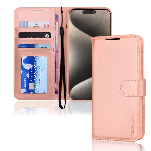 TECHGEAR hülle iPhone 15 Pro Max Leder klappbar, PU Leder Flip Schutzhülle Ledertasche [Brieftasche] Handyhülle mit Ständer und Handschlaufe - Roségold Kompatible mit iPhone 15 Pro Max von TECHGEAR