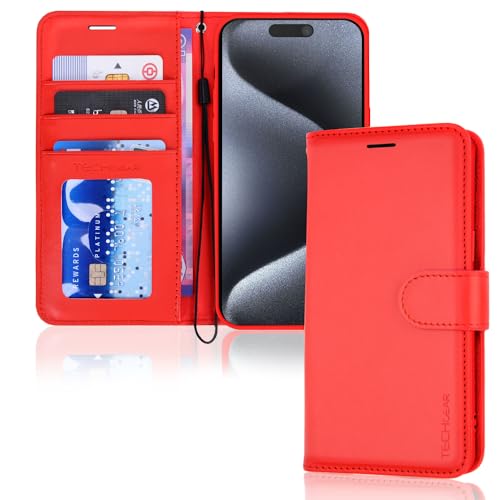 TECHGEAR hülle iPhone 15 Pro Max Leder klappbar, PU Leder Flip Schutzhülle Ledertasche [Brieftasche] Handyhülle mit Ständer und Handschlaufe - Rot Kompatible mit iPhone 15 Pro Max von TECHGEAR