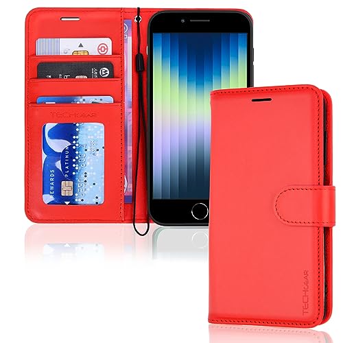 TECHGEAR hülle iPhone SE 2022 5G / 2020 Leder klappbar, PU Leder Flip Schutzhülle Ledertasche [Brieftasche] Handyhülle mit Ständer und Handschlaufe - Rot Kompatible mit iPhone 8/7/6 von TECHGEAR