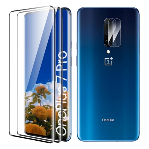 TECHO Displayschutzfolie für OnePlus 7 Pro/ 7T Pro, Fall Freundlich, Blasenfrei, Kante an Kante, Ultra-HD Schutzfolie Displayschutzfolie, 2 Stück Schutzfolie und 2 Stück Kameraschutz von TECHO