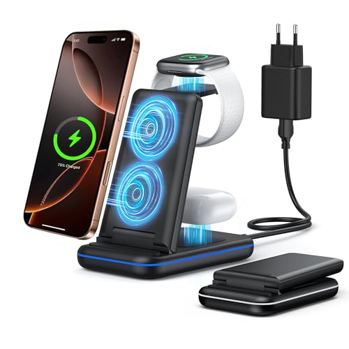 TECKNET Induktive Ladestation 3 in 1, Kabelloses Ladegerät Kompatibel mit Samsung S24/S23/S22/Ultra, iPhone 16/15/14/13/12/11/Pro Max/XS, Apple Watch Ultra/10/9/8/7/6/5/4/3/2/SE, AirPods Pro/4/3/2 von TECKNET