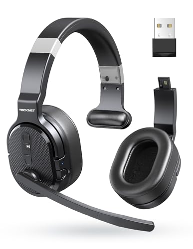 TECKNET Bluetooth Headset mit Mikrofon, USB Dongle Noise Cancelling Single und Dual Ear Headset Kabellos mit 3 EQ Musikmodi, PC Headset für Call-Center, Büro, LKW Fahrer, Zoom, Microsoft Team von TECKNET