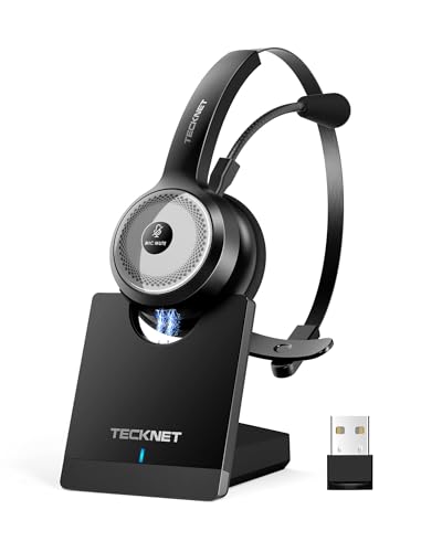 TECKNET Bluetooth PC Headset mit Mikrofon & USB Dongle [45 Std Anrufzeit & 10M Reichweite] kabelloses Headset mit Ladestation, Wireless Headset mit AI Rauschunterdrückung für Business,Büro,HomeOffice von TECKNET