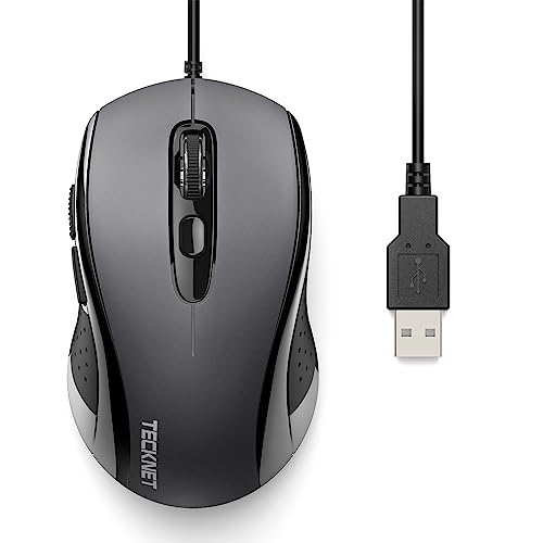 TECKNET Maus mit Kabel, 3600DPI Optical Business Mouse Ergonomische Kabelgebundene Maus mit 6 Tasten, 4 Verstellbare DPI Level, USB-Plug & Play, für Laptop/PC/Mac - Grau von TECKNET