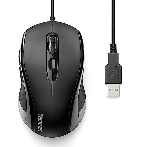 TECKNET Maus mit Kabel, 3600DPI Optical Business Mouse Ergonomische Kabelgebundene Maus mit 6 Tasten, 4 Verstellbare DPI Level, USB-Plug & Play, für Laptop/PC/Mac - Schwarz von TECKNET