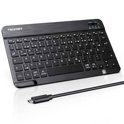 TECKNET Wiederaufladbare Bluetooth-Tastatur, mit 80cm USB Kabel, Ultra Dünn Wireless Bluetooth Keyboard Deutsches Layout QWERTZ BT5.1 Tragbare Kabellose Tastatur Bluetooth für Windows, iOS, Android von TECKNET