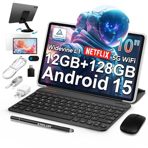 TECLAST P30T Android-15-Tablet 10+Zoll Tablets mit Tastatur 10-Teiliges Set, 12GB RAM+128GB ROM(4TB TF), 2.4G+5G WLAN, Unisoc Octa-Core A75 CPU, Widevine L1/GPS/6000mAh/BT5/3.5MM/10 Accessoires [2025] von TECLAST