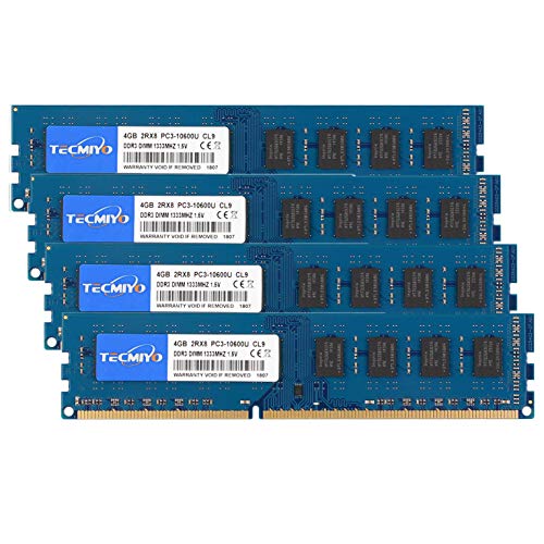 TECMIYO 16GB Kit (4x4GB) DDR3 1333MHz PC3-10600 PC3-10600U Non ECC Unbuffered 1.5V CL9 2RX8 Dual Rank 240 Pin UDIMM Desktop Memory Ram Modul von TECMIYO