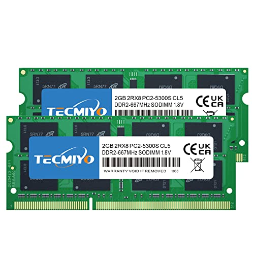 TECMIYO 4GB Kit (2x2GB) PC2 5300s DDR2 667MHz 2RX8 Dual Rank PC2-5300 DDR2-667 1,8V 200pin Sdram Sodimm Non-ECC Ungepuffertes SODIMM Laptop-Speicher-Ram-Modul von TECMIYO