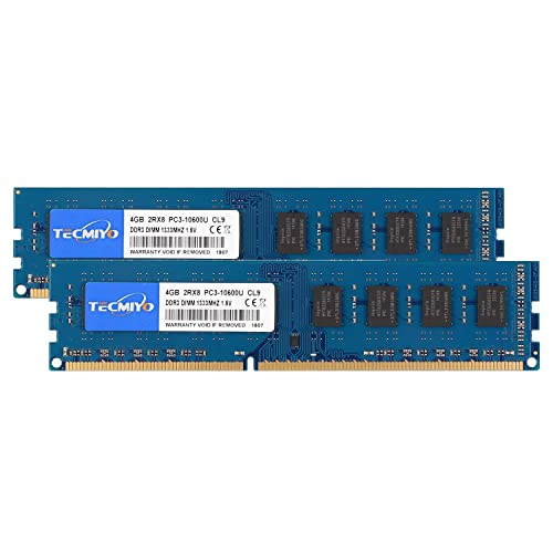 TECMIYO 8GB DDR3 (2x4GB) PC3 10600 UDIMM RAM DDR3 1333MHz PC3-10600U CL9 1,5V 240Pin Non-ECC Unbuffered 2RX8 Dual Rank Desktop Memory RAM Modul von TECMIYO