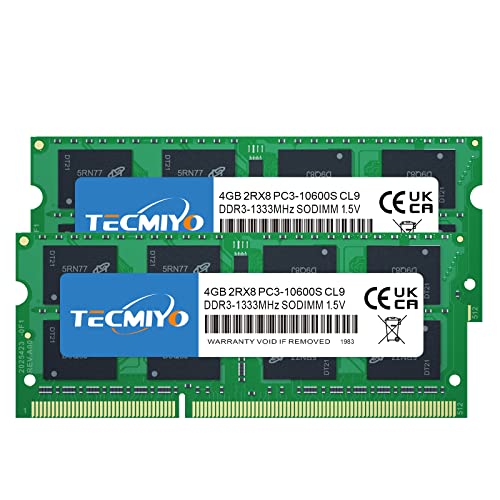TECMIYO 8GB DDR3 (2x4GB) PC3-10600S DDR3 1333MHz Sodimm RAM 2RX8 Dual Rank CL9 204 Pin 1,5V Non-ECC Ungepufferter Laptop-Speicher RAM für Intel AMD und Mac System von TECMIYO