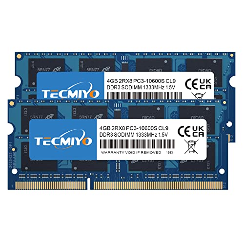 TECMIYO 8GB DDR3 PC3 10600S DDR3-1333MHz SODIMM Arbeitsspeicher RAM CL9 204 Pin 1,5V Nicht-ECC ungepufferter Laptop-Speicher Notebook-RAM-Modul von TECMIYO