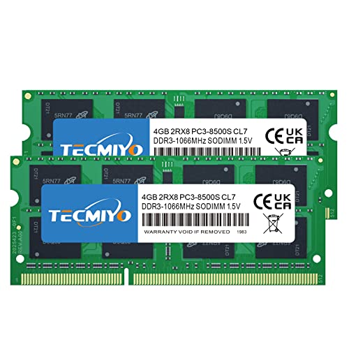 TECMIYO 8GB DDR3 RAM(2x4GB) PC3-8500 DDR3 1066MHz Laptop Sodimm-Speicher CL7 204 Pin 1,5V Nicht-ECC ungepufferte Laptop-RAM-Module von TECMIYO