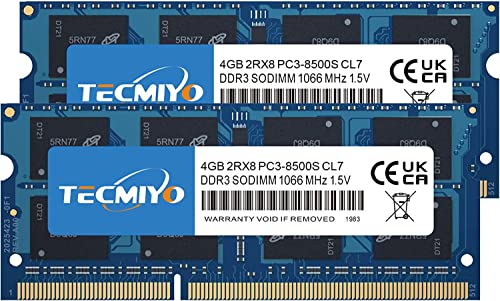 TECMIYO 8GB Kit(2X4GB) DDR3 RAM PC3-8500S 1066MHz/1067MHz Sodimm 2RX8 Arbeitsspeicher DDR3 RAM 204 Pin 1,5V CL7 Nicht-ECC ungepuffertes Laptop-RAM-Speichermodul für Intel AMD-und Mac-System von TECMIYO